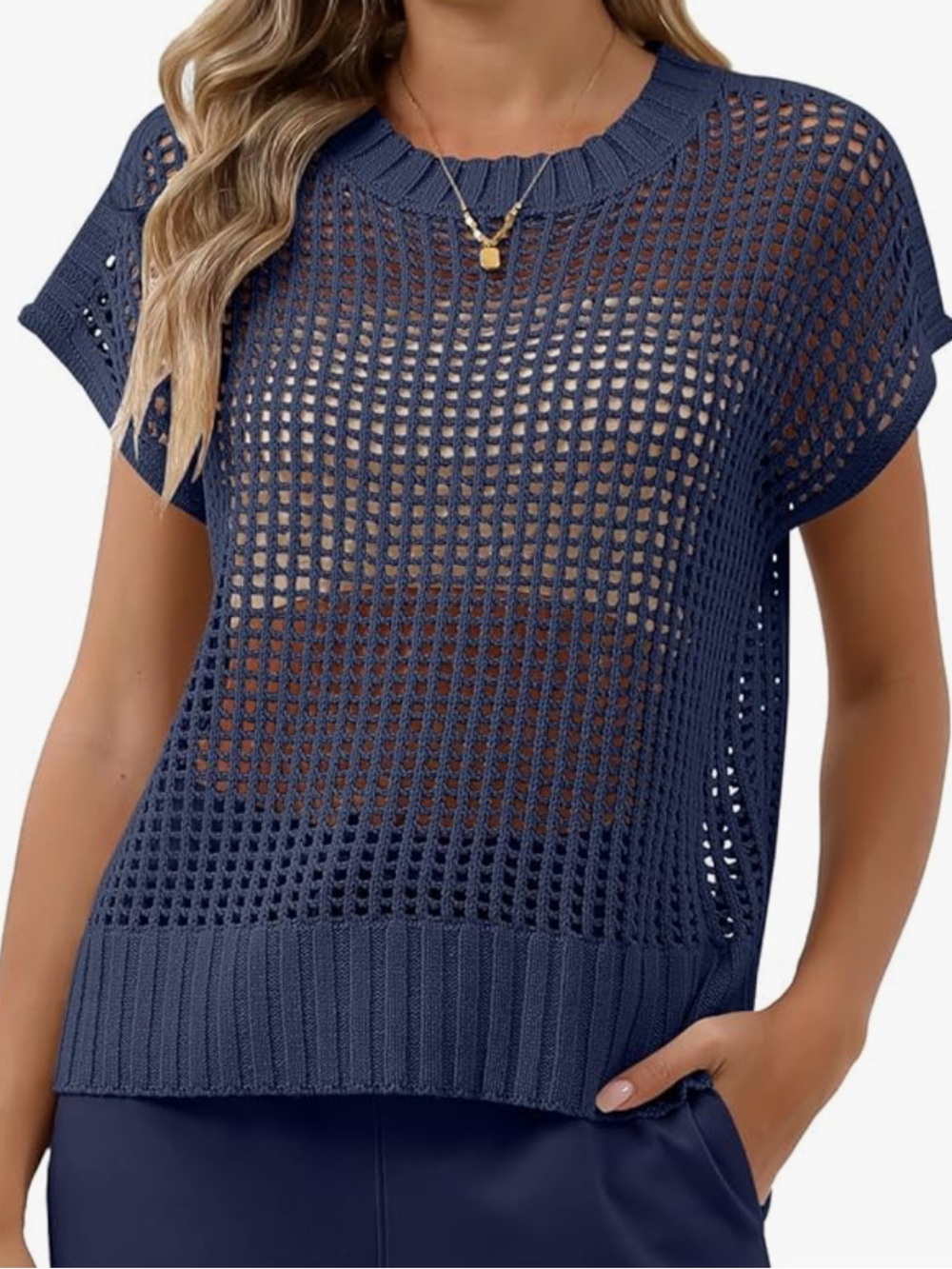 Navy Blue Open-Knit Short Sleeve Sweater Top